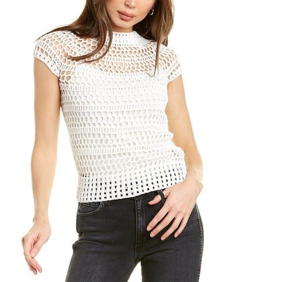 Theory Ivory Crochet T-Shirt Top P Short‎ Sleeve Layered Knit Minimalist Tee - Picture 10 of 16